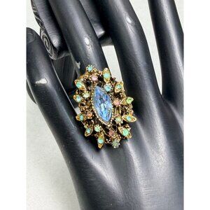 Vintage Ornate Adjustable Crystal Statement Ring Size 7 Gold Tone